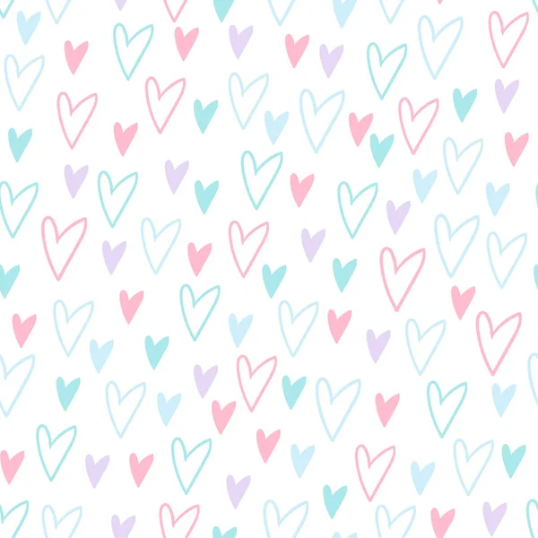 Eenvoudig Naadloos Patroon Met Roze Blauwe Paarse Handgetekende Hartjes Witte — Stockvector