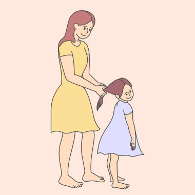 Anneler Günü tebrik kartı ve dizlerinin üzerinde oturan bir çocuk. Kız ve anne birlikte. Vektör sanatı 