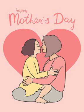 Anneler Günü tebrik kartı ve dizlerinin üzerinde oturan bir çocuk. Kız ve anne birlikte. Vektör sanatı