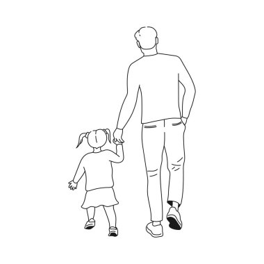 Baba el ele tutuşmuş bir çocukla yürüyor. Baba ve kızı. Babalar Günü teması. Vektör sanatı