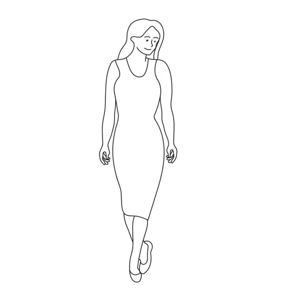 Cute Woman Dress Walking Half Turn Head Hand Drawn Line — Stock Vector