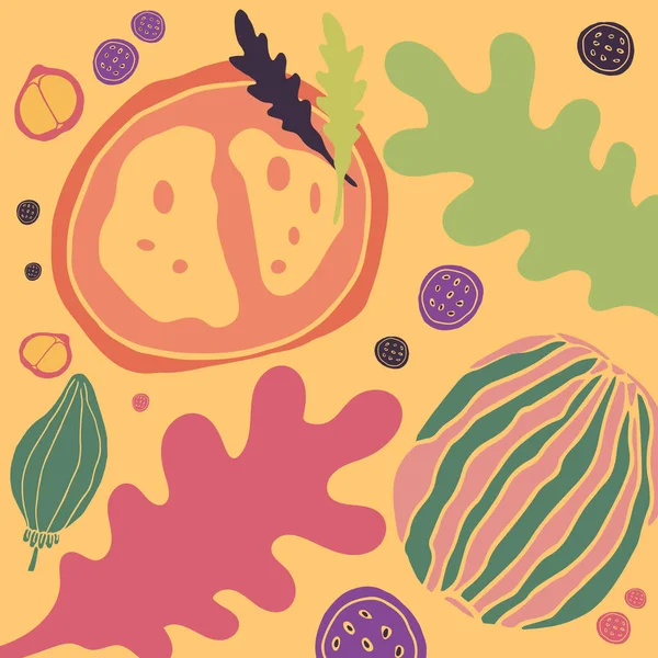 Handgezeichnetes Stillleben Mit Verschiedenen Früchten Auf Gelbem Hintergrund Vektorillustration — Stockvektor