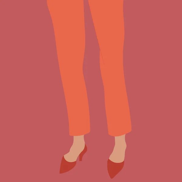 Abstrakcyjne Kobiece Nogi Pomarańczowych Spodniach Czerwone Buty Wysokim Obcasie Jasnym — Wektor stockowy