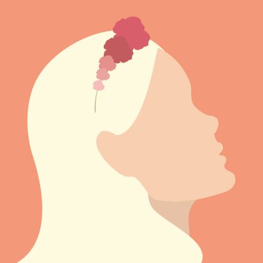 Soyut sarışın kadın yukarı bakıyor. Saçında çiçek çelengi olan el çizimi kadın yüzü silueti. Minimum tasarım. Vektör sanatı