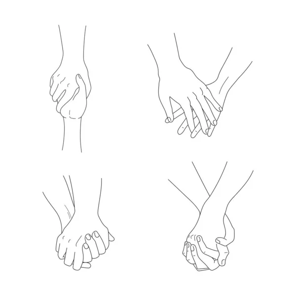 在白色背景下隔离的恋人手拉手 手牵手 单行等高线绘图 轮廓手牵手 矢量说明 — 图库矢量图片