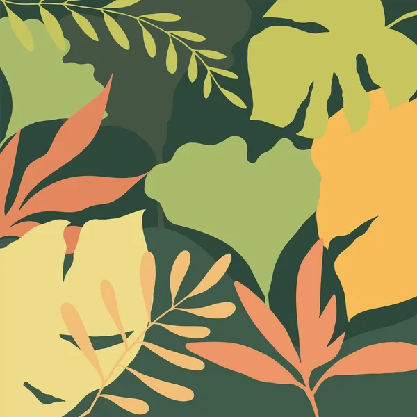 Тропический Лесной Фон Различные Контуры Растений Ручной Работы Зеленом Желтом — стоковый вектор