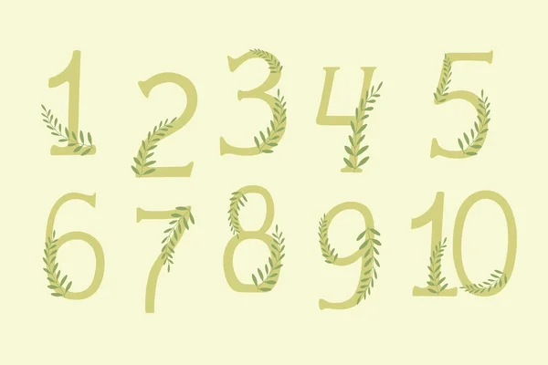Nombres Zéro Dix Avec Des Branches Végétales Art Vectoriel Dessiné — Image vectorielle