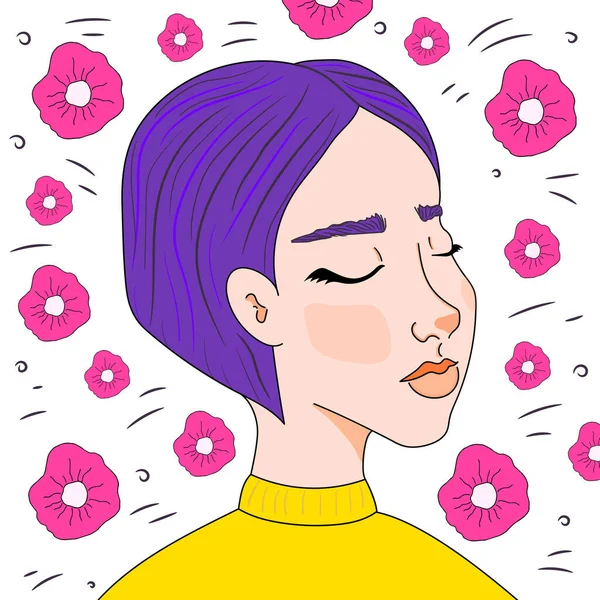 Рука Намальована Дівчина Фіолетовим Волоссям Закритими Очима Вдихає Аромат Квітів — стоковий вектор