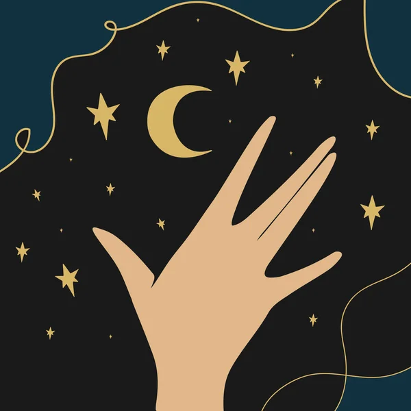 stock vector Touching midnight sky. Simple background with midnight sky view and a human hand. Hand drawn vector art