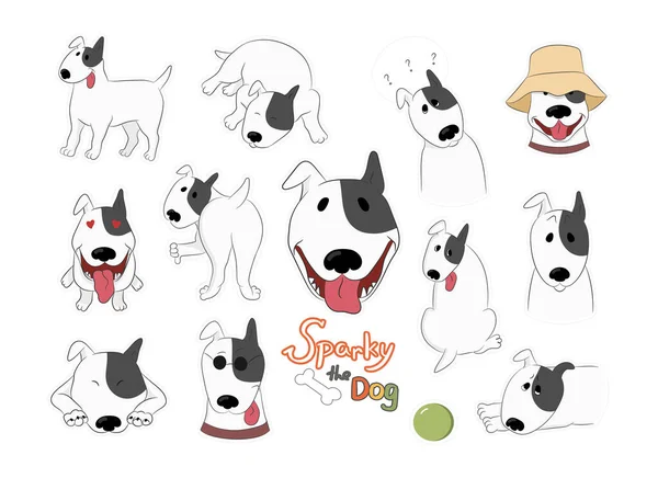 Cartoon Dog Stickers Funny Bull Terrier Sparky Isolated White Hand — Stock Vector