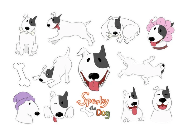 Cartoon Hond Stickers Met Een Grappige Stier Terriër Sparky Geïsoleerd — Stockvector