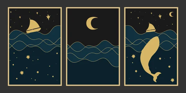 夜の海のイラストのセット 真夜中の空と海の景色と船とクジラのシルエットを持つミニマリストの背景 ベクトルアート — ストックベクタ