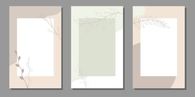 Pastel renklerde botanik şablonlar, el çizimi botanik elementler ve metin için boş alan. Posterler, kartpostallar, davetiyeler, kapaklar, sosyal medya paylaşımları için