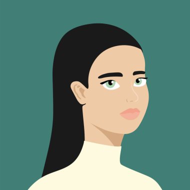 Yarım dönüşmüş güzel esmer bir kadının portresi. Moda ve güzellik. Bir kadın. Düz biçimli sosyal ağlar için Avatar