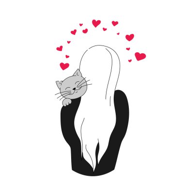 Kız bir kediye sarılıyor. Evcil hayvan temama bayıldım. Basit el çizimi vektör sanatı