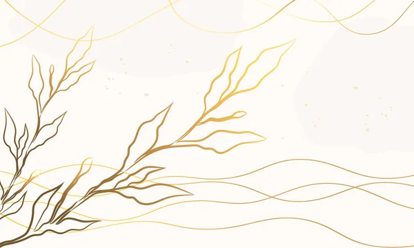 Золотой Бежевый Фон Растениями Цветочные Контуры Ручная Работа Минимальное Искусство — стоковый вектор