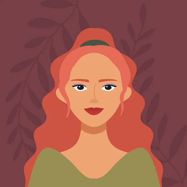 Πορτρέτο Μιας Νεαρής Γυναίκας Μακριά Κόκκινα Μαλλιά Φόντο Βοτανικό Περίγραμμα — Διανυσματικό Αρχείο