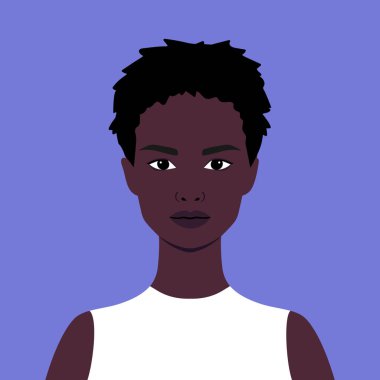 Kısa saçlı güzel bir Afrikalı kadının portresi. Düz bir yüz portresi. Avatar. Bir kadın. Çeşitlilik