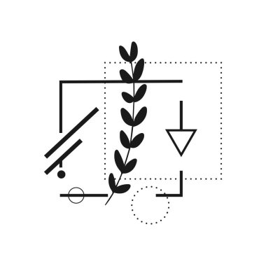Beyaz arka planda izole edilmiş geometrik elementli soyut botanik dövme. Vektör illüstrasyonu