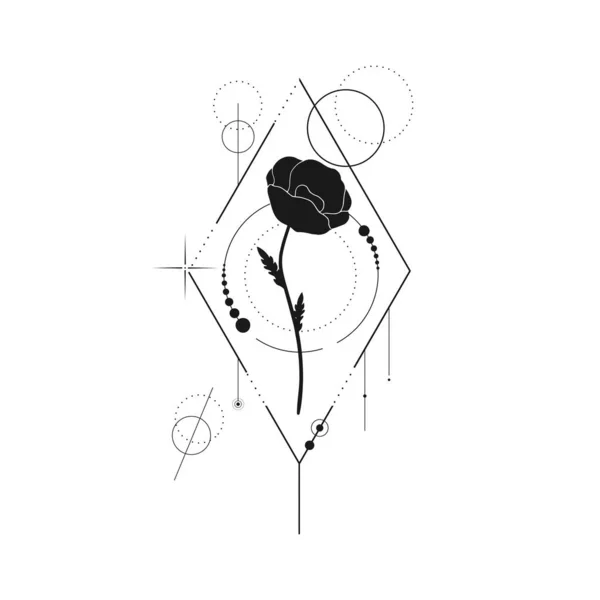 Анотація Ботанічного Татуювання Геометричними Елементами Ізольованими Білому Тлі Монохромне Квіткове — стоковий вектор