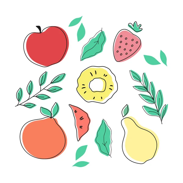 Dessin Animé Fruits Feuilles Isolés Sur Fond Blanc Illustration Vectorielle — Image vectorielle