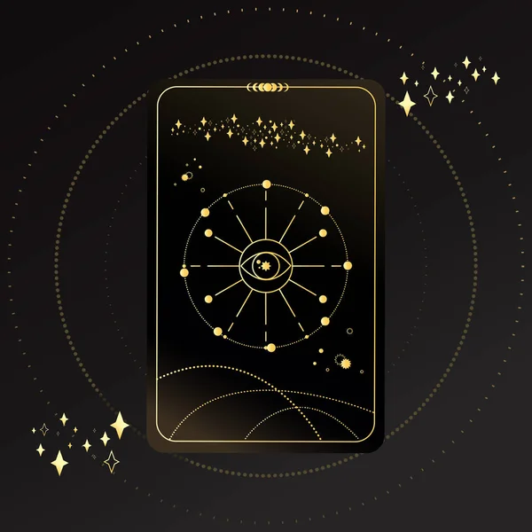 星と黒の背景に魔法の目を持つゴールドタロットカード タロットの象徴だ 占星術 — ストックベクタ
