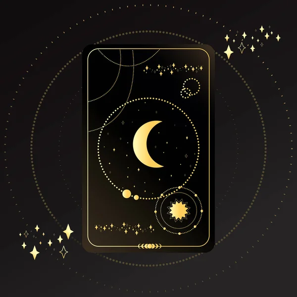 Gold Tarot Card Crescent Black Background Stars Tarot Symbolism Mystery — Stock Vector
