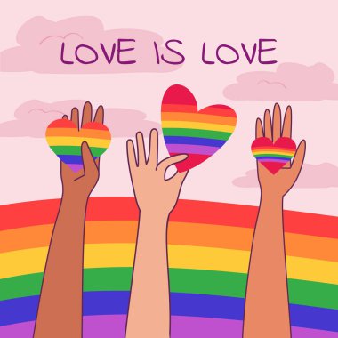 Gökkuşağı kalpli ve yazılı eller Sevgi aşktır. Kutlama için LGBT Gurur Ayı