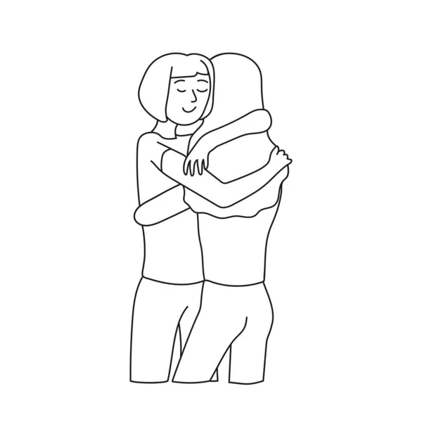 二人の女の子が抱きついている 手描きのシンプルなラインアートは友情 サポートを象徴しています 白地に隔離された — ストックベクタ