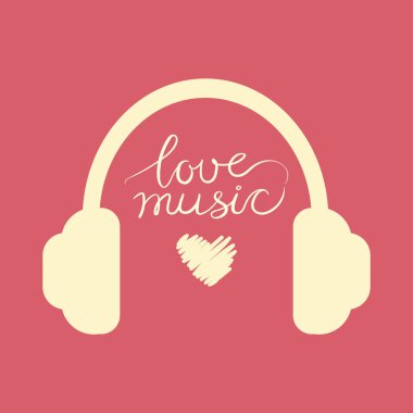 Headphones outline on pink background with lettering Love music. Listening to music in headphones. Music therapy. Avatar. Vector illustration clipart