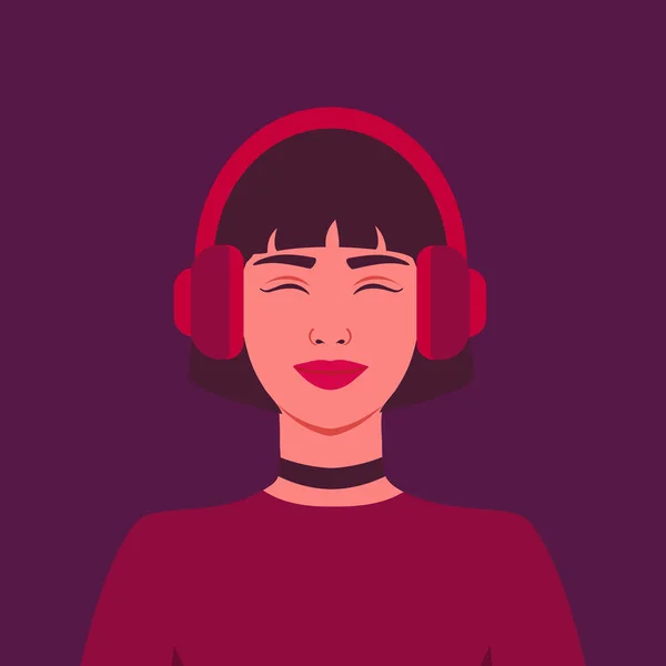 Молода Жінка Слухає Музику Навушниках Посміхаючись Дівчині Навушниках Музична Терапія — стоковий вектор