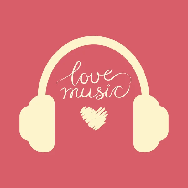 Headphones Outline Pink Background Lettering Love Music Listening Music Headphones — Stock Vector