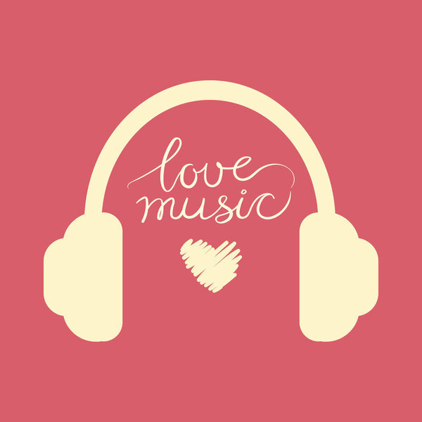 Наушники очерчиваются на розовом фоне с наклоном Love music. Слушать музыку в наушниках. Музыкальная терапия Аватар. Векторная иллюстрация