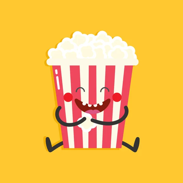 Leuke Popcorn Karakter Gele Achtergrond Cartoon Glimlachende Popcorn Platte Stijl — Stockvector