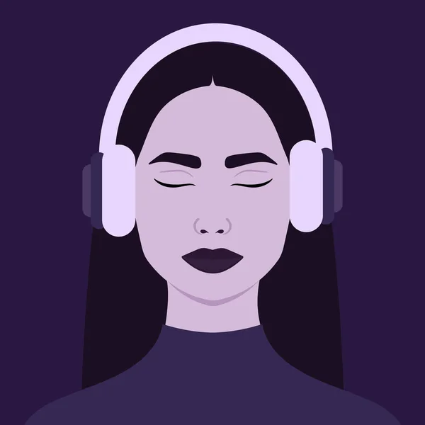 在耳机里听音乐的漂亮女人 戴耳机的女孩音乐疗法 阿凡达矢量说明 — 图库矢量图片