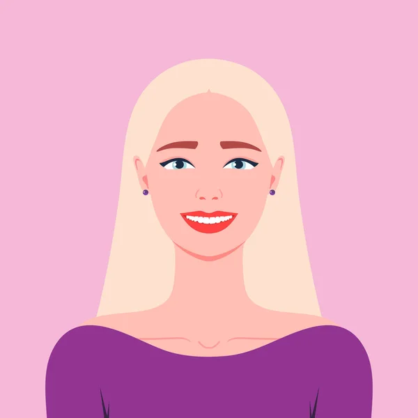Young Smiling Blonde Woman Purple Dress Girl Portrait Flat Style — Stock Vector