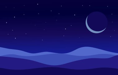 Desert in night sky background view. Crescent above the desert. Vector illustration