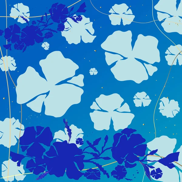 Синий Ботанический Фон Очертаниями Цветов Золотыми Линиями Точками Векторная Иллюстрация — стоковый вектор