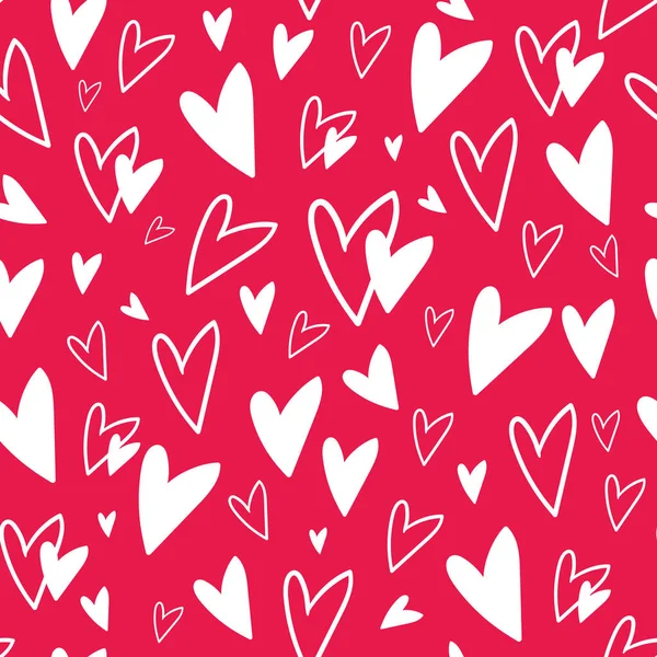 Seamless Pattern White Doodle Hearts Red Background Valentine Day Wrapping — Stock Vector
