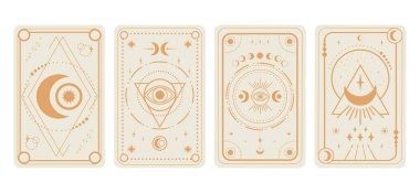 Tarot kartları beyaz arkaplanda. Hilal, yıldızlar ve sihirli gözler sembolleri. Tarot sembolizmi. Gizem, astroloji, ezoterik. Vektör illüstrasyonu