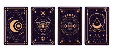 Tarot kartları siyah arka planda. Hilal, yıldızlar ve sihirli gözler sembolleri. Tarot sembolizmi. Gizem, astroloji, ezoterik. Vektör illüstrasyonu
