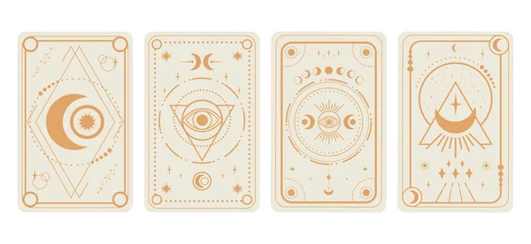 Tarot kartları beyaz arkaplanda. Hilal, yıldızlar ve sihirli gözler sembolleri. Tarot sembolizmi. Gizem, astroloji, ezoterik. Vektör illüstrasyonu
