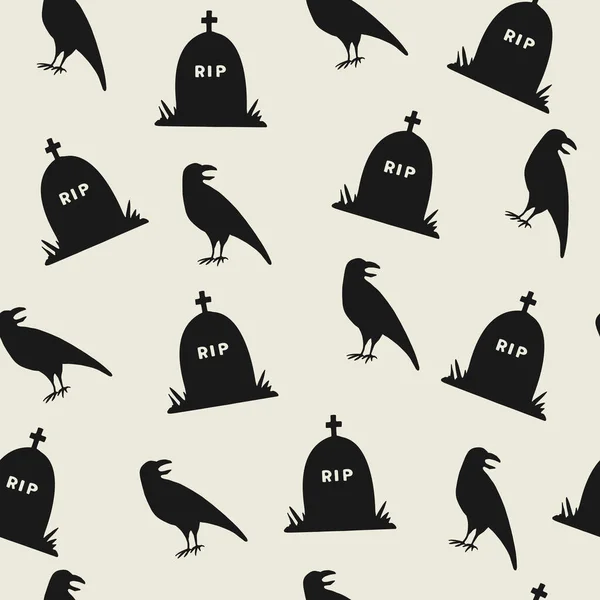 Lápidas Cuervos Patrón Sin Costuras Atributos Halloween Elementos Dibujados Mano — Vector de stock