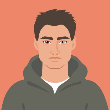 Heterokromisi olan genç bir adamın portresi. Farklı renkte gözleri olan bir adamın Avatar 'ı. Farklı renkte gözler. Kahverengi ve mavi göz. Vektör illüstrasyonu   