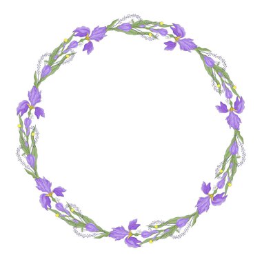 İris çiçeği şablonu. Beyaz arka planda izole edilmiş, çiçekli yuvarlak bir çerçeve çizilmiş. Kartlar, davetiyeler için tarih kartlarını kaydet
