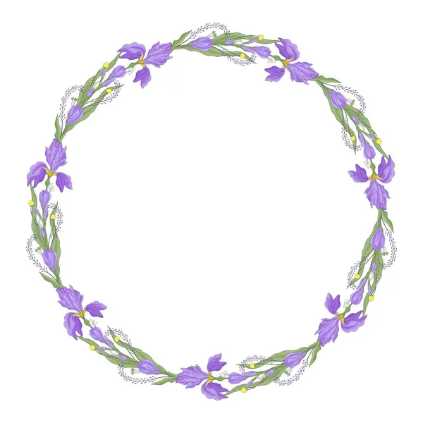 Πρότυπο Στεφάνι Iris Λουλούδι Διάνυσμα Χέρι Που Floral Στρογγυλό Πλαίσιο — Διανυσματικό Αρχείο