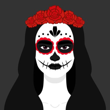 Kafatası şekeri ve kırmızı çiçekli çelenk makyajı yapan bir kadın. Ölüler Günü kutlaması. Dia de los Muertos. Vektör illüstrasyonu