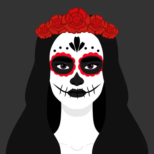 Kafatası Şekeri Kırmızı Çiçekli Çelenk Makyajı Yapan Bir Kadın Ölüler — Stok Vektör