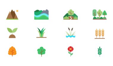 Doğa simgeleri düz bir şekilde dizilmiş. Bir sürü parlak bitki ve manzara ikonu. Vektör illüstrasyonu