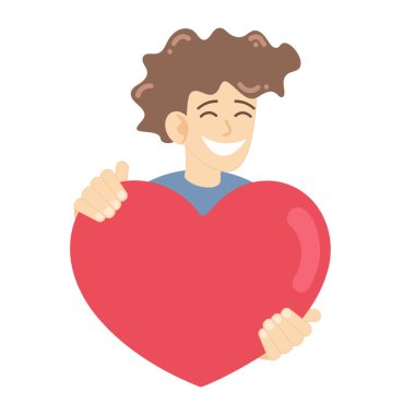 Kalp tutan gülümseyen bir adam. Adam kalp verir. Vektör illüstrasyonu